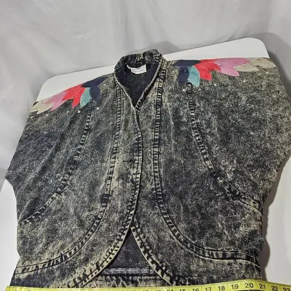 Diamonds Leather Acid Wash Embellished Denim Jean Jacket 1980s USA Size Medium - Picture 15 of 15